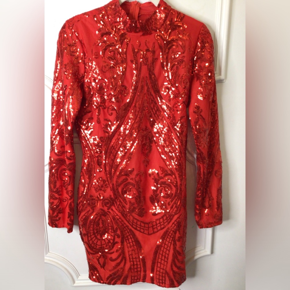 Red Sequin Long Sleeve Dress Size S